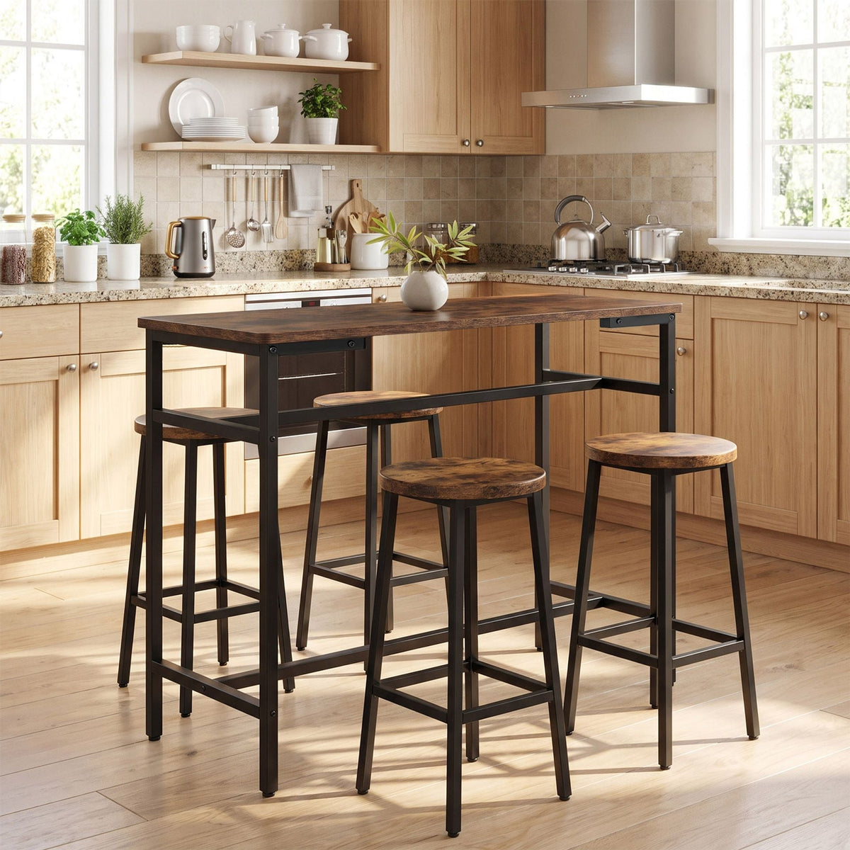 100 cm Long Bar Table with Footrest and Metal Frame for Kitchen Dining Room-Rustic Brown