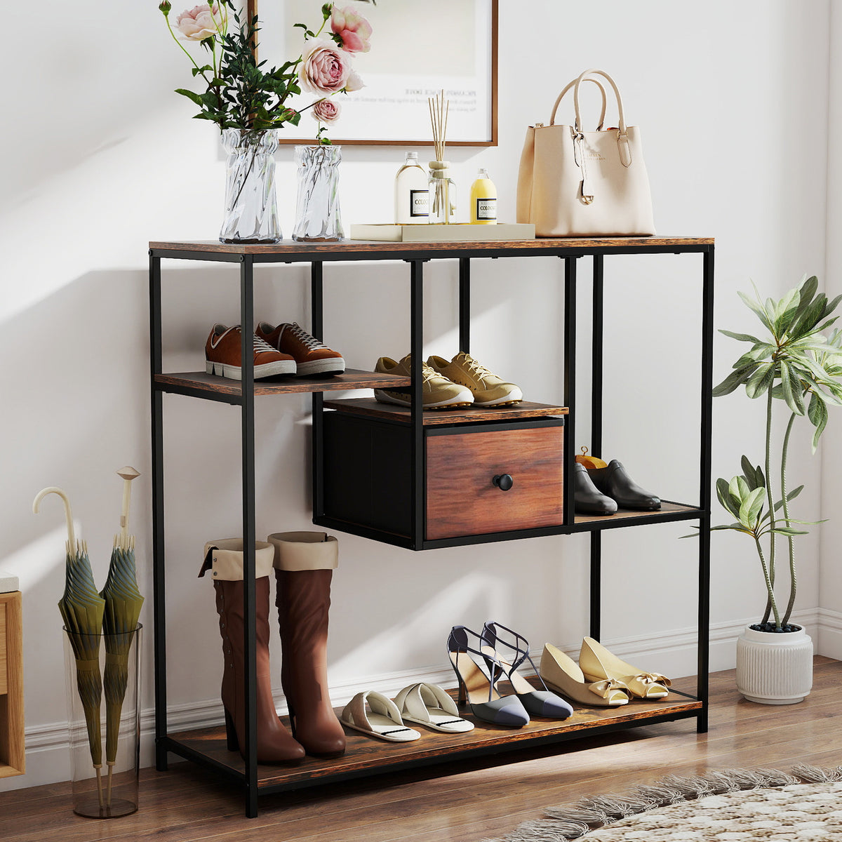 100CM Console Table with Storage Behind Sofa Couch Table with Drawer-Rustic Brown
