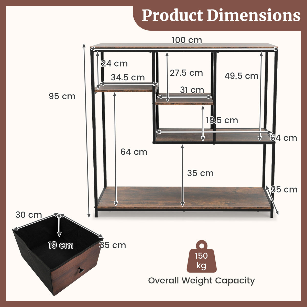 100CM Console Table with Storage Behind Sofa Couch Table with Drawer-Rustic Brown