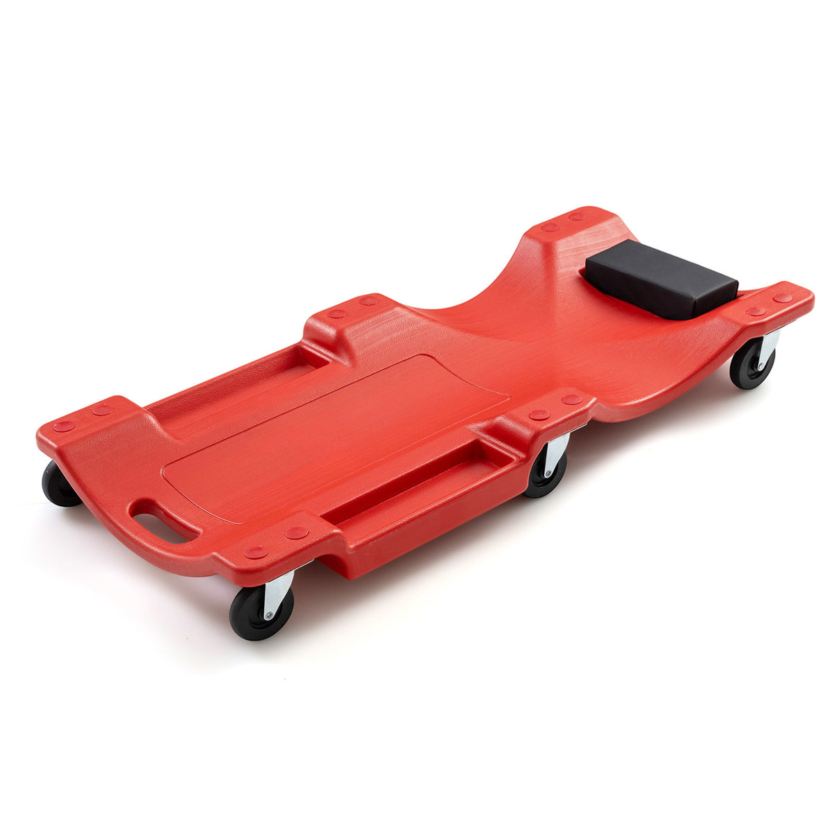 The garage creeper viewed from the opposite side showing the smooth red plastic frame