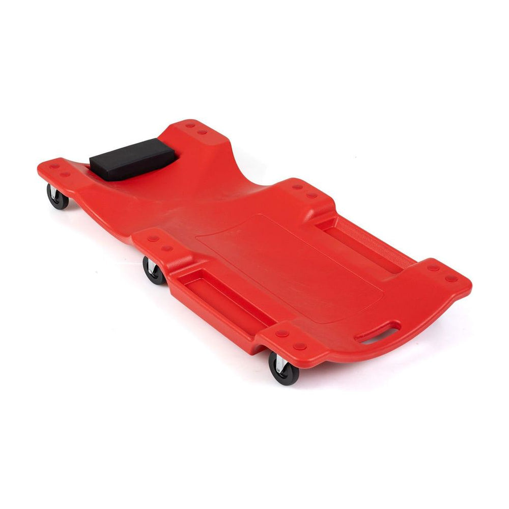 101 CM Low Profile Rolling Garage Creeper in red with a black headrest and swivel wheels