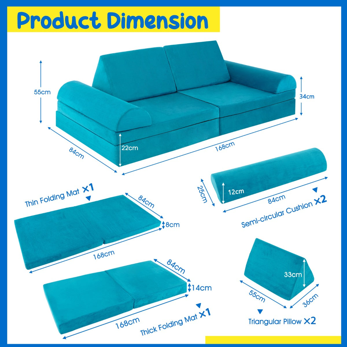 6 Pieces Modular Convertible Kids Play Couch Sofa-Green