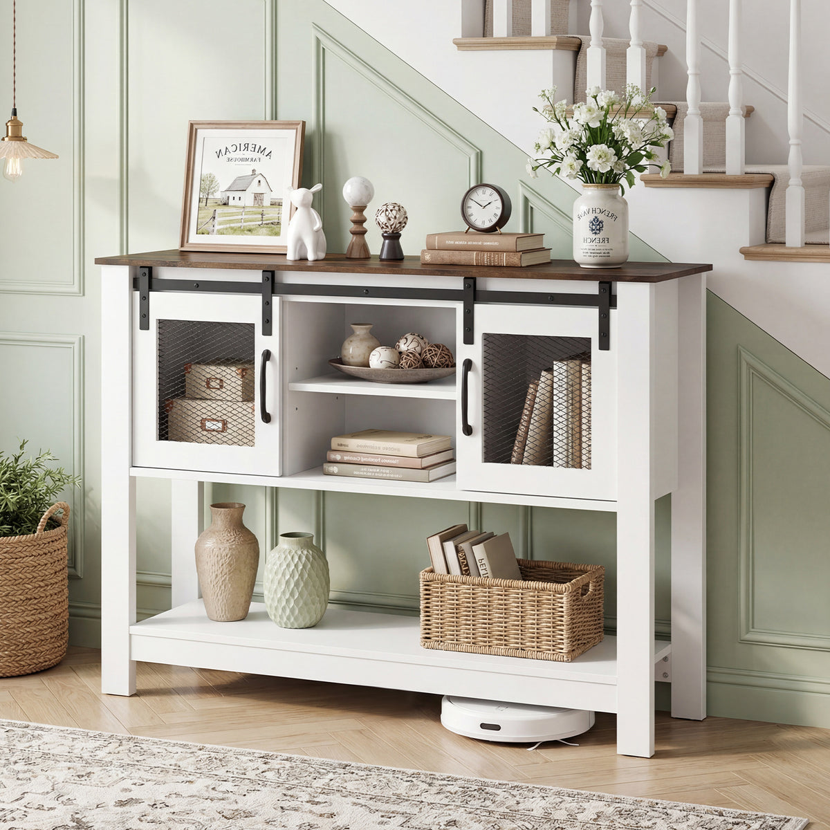102CM Small Entryway Table with Barn Sliding Doors-Rusticbrown