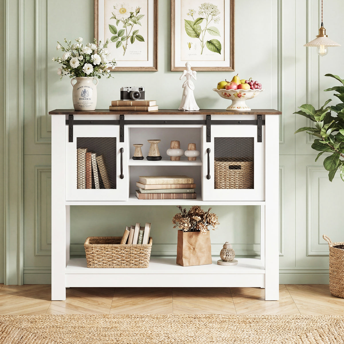 102CM Small Entryway Table with Barn Sliding Doors-Rusticbrown