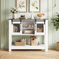 102CM Small Entryway Table with Barn Sliding Doors-Rusticbrown