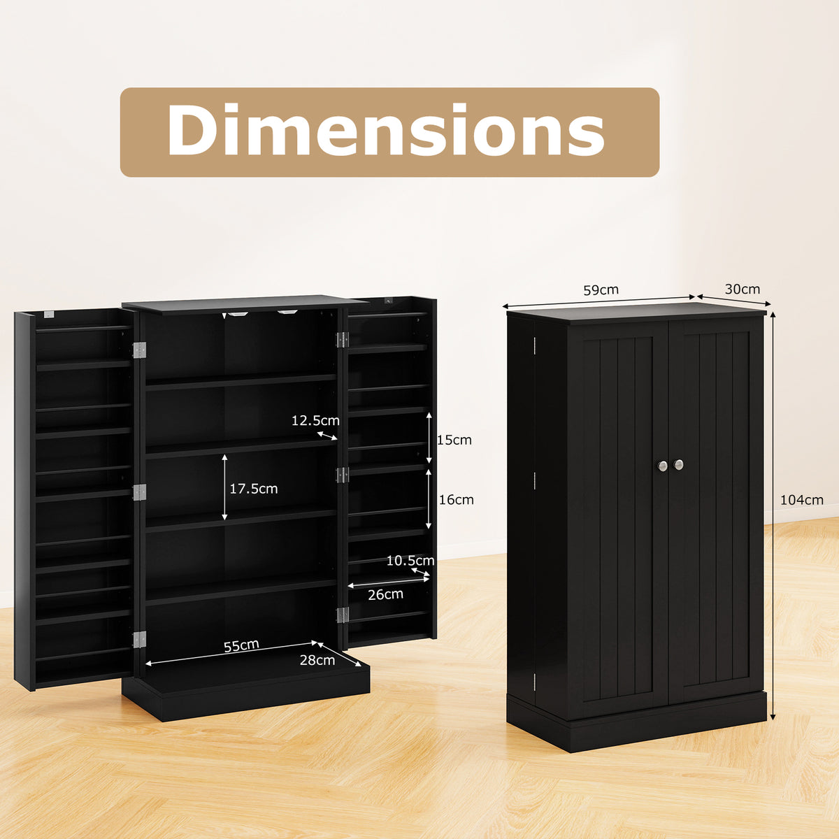 104cm Tall Kitchen Pantry Storage Cabinet with Doors and Adjustable Shelves-Black