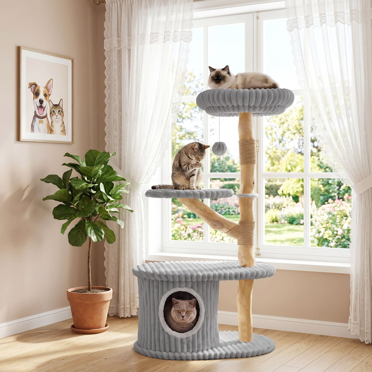 105 CM Tall Modern Cat Tower with Real Wood Branches and Scratching Posts for Cats-Grey