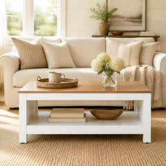 105 cm 2-Tier Farmhouse Coffee Table with Wood Grain Top & Open Storage Shelf-Natural & White