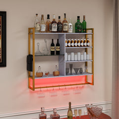 The white floating shelves are mounted on a wall and display bottles, glassware and jars