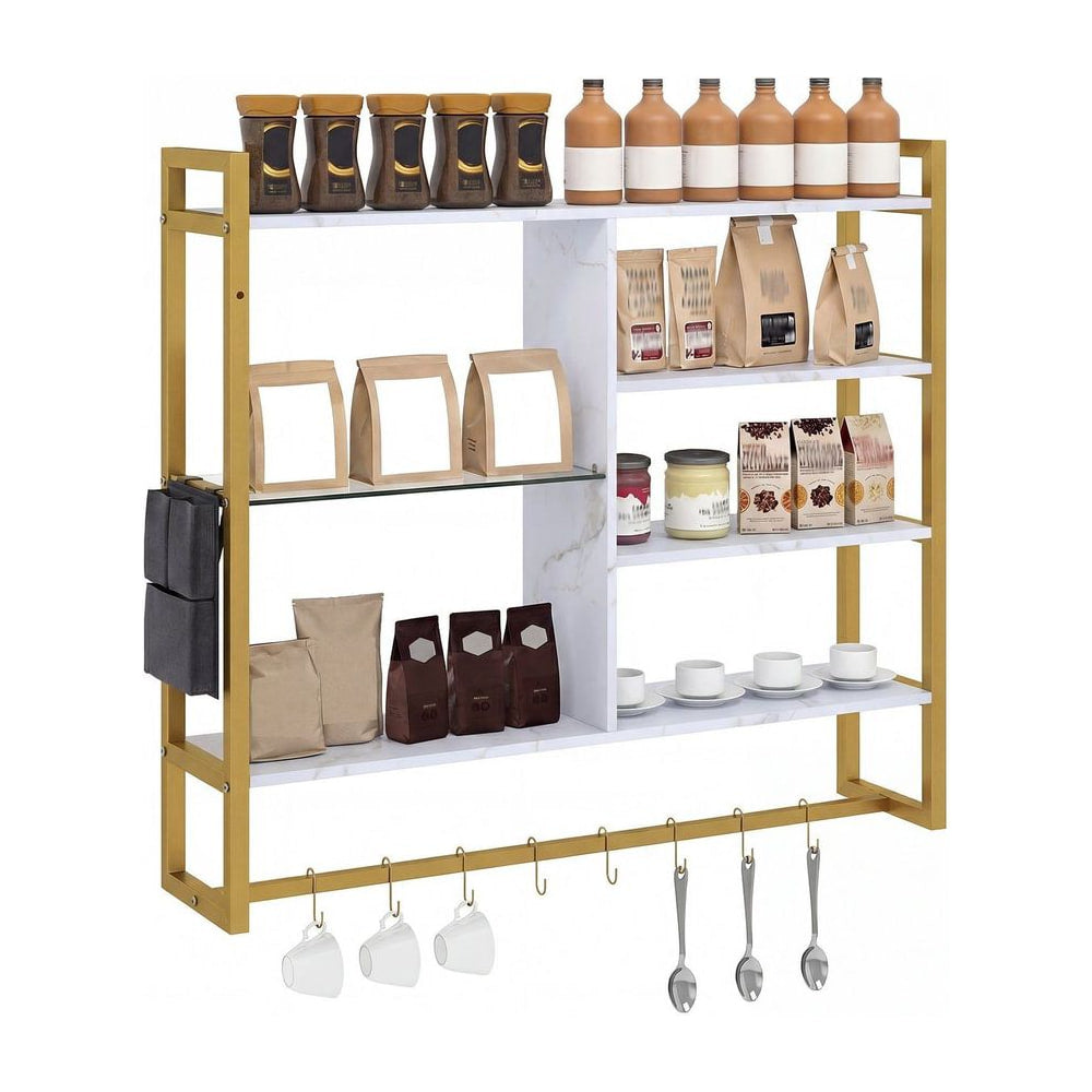 107 CM Industrial Floating Shelves 6-Tier Wall Mounted Shelf with 8 S-Hooks-White & Golden, a white and gold bookcase with