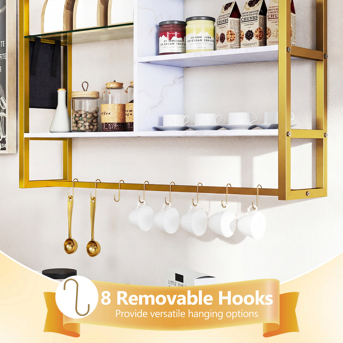 107 CM Industrial Floating Shelves 6-Tier Wall Mounted Shelf with 8 S-Hooks-White & Golden