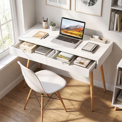 108 cm Computer Desk with 2 Drawers Wooden Writing Study Desk Workstation-White