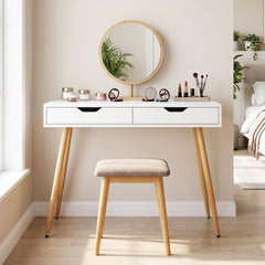 108 cm Computer Desk with 2 Drawers Wooden Writing Study Desk Workstation-White