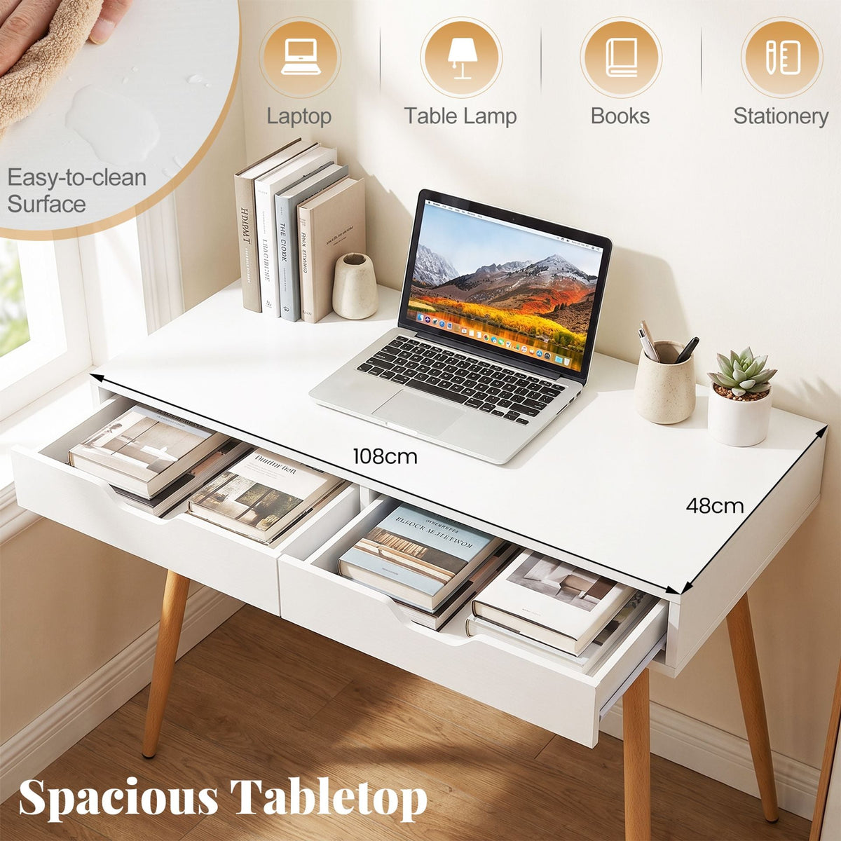108 cm Computer Desk with 2 Drawers Wooden Writing Study Desk Workstation-White