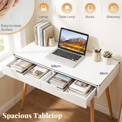108 cm Computer Desk with 2 Drawers Wooden Writing Study Desk Workstation-White
