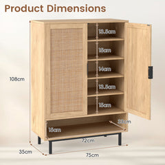108CM Tall Shoe Cabinet 6-Tier with 2 Doors and Adjustable Shelves-Natural
