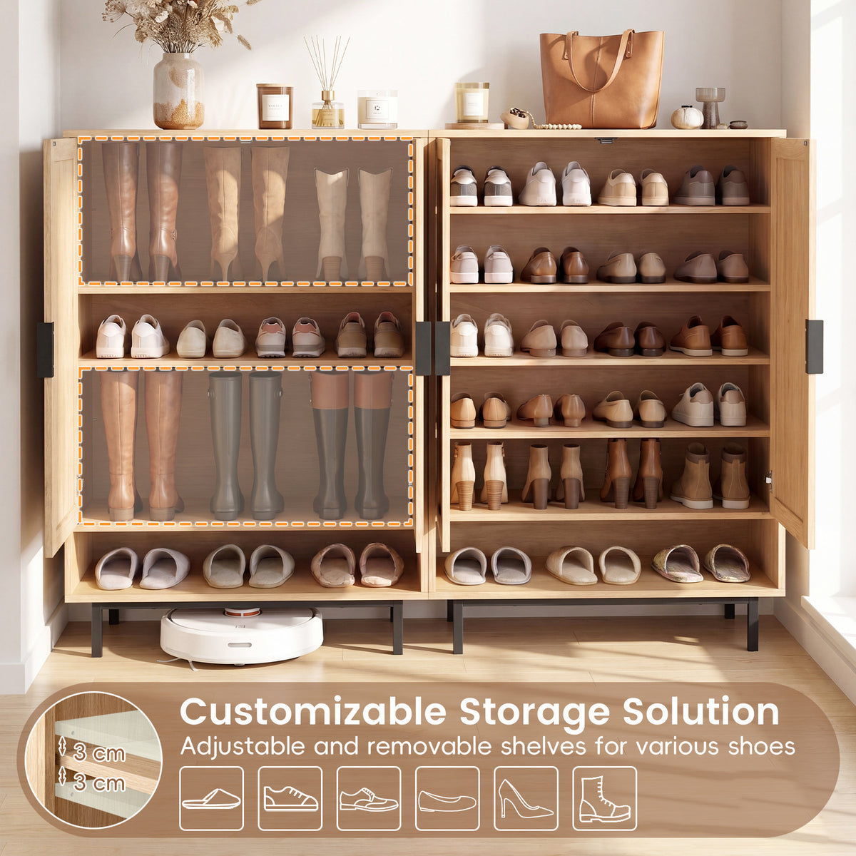 108CM Tall Shoe Cabinet 6-Tier with 2 Doors and Adjustable Shelves-Natural