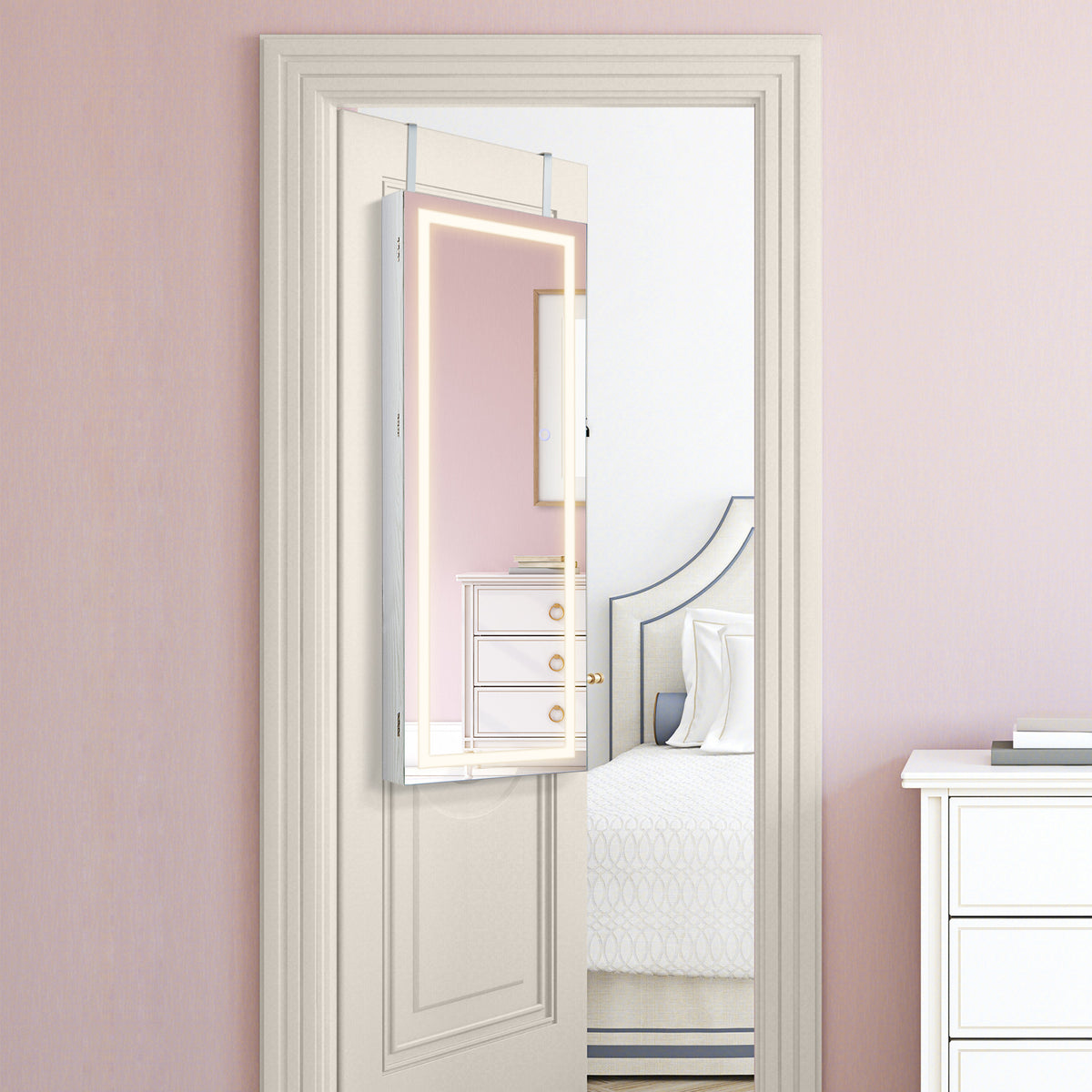 108cm Lockable Jewelry Mirror Cabinet with 3-Color LED Lights-White