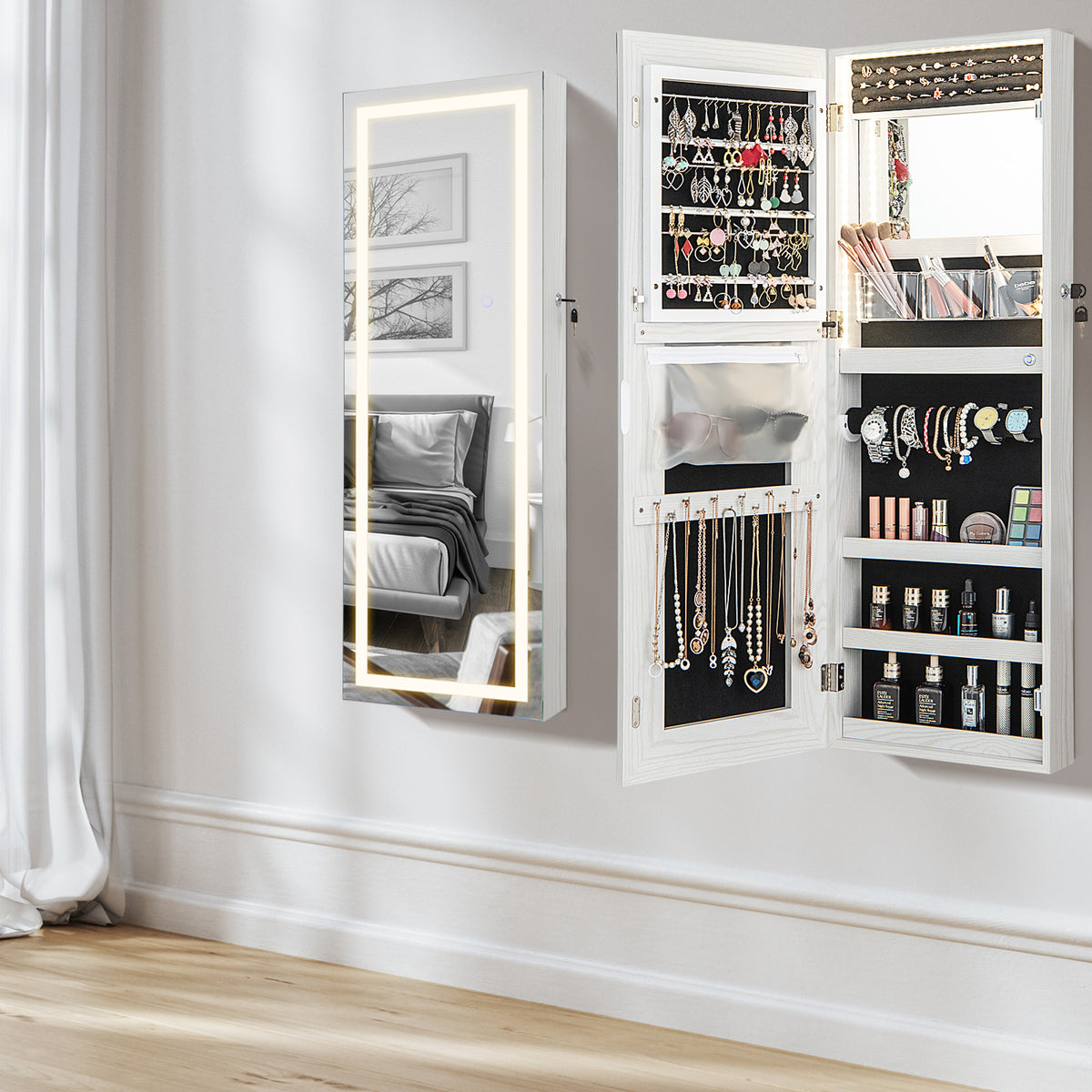 108cm Lockable Jewelry Mirror Cabinet with 3-Color LED Lights-White