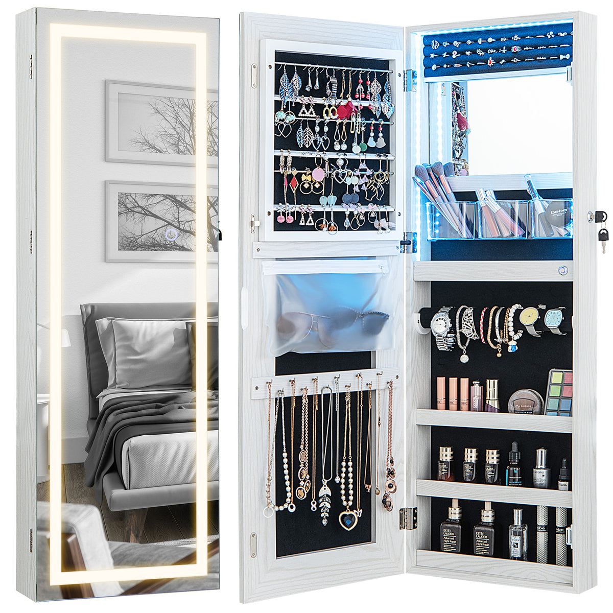 108cm Lockable Jewelry Mirror Cabinet with 3-Color LED Lights-White