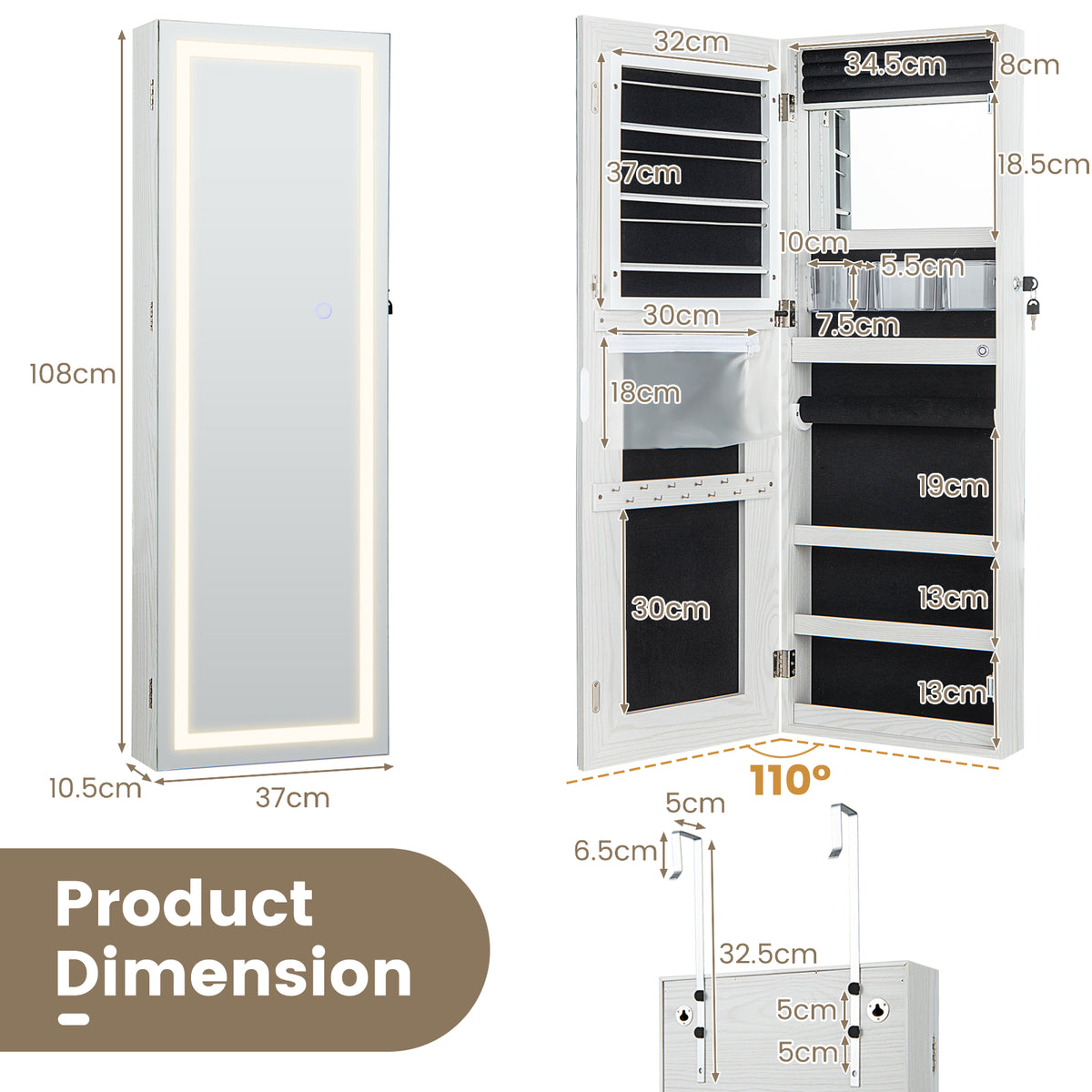 108cm Lockable Jewelry Mirror Cabinet with 3-Color LED Lights-White