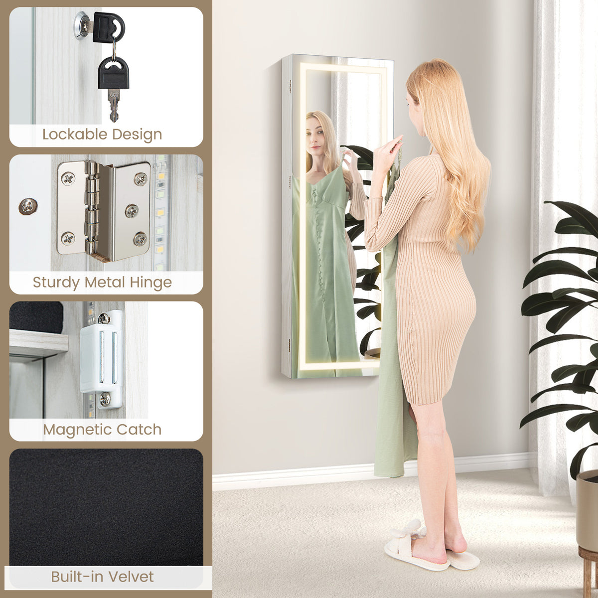 108cm Lockable Jewelry Mirror Cabinet with 3-Color LED Lights-White
