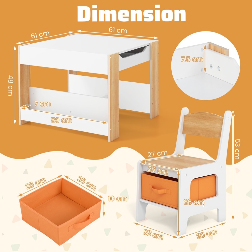 The kids table and chair set shown with various dimensions and measurements