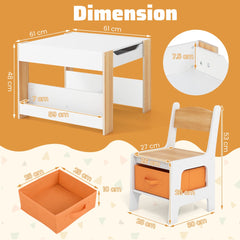The kids table and chair set shown with various dimensions and measurements