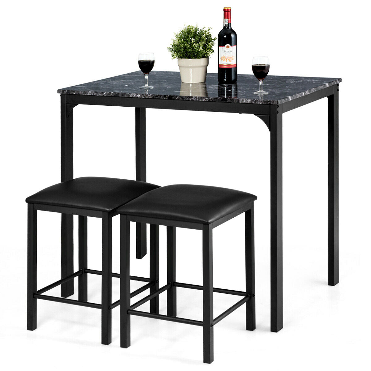3 Piece Dining Table Set with 2 Faux Leather Backless Stools-Black