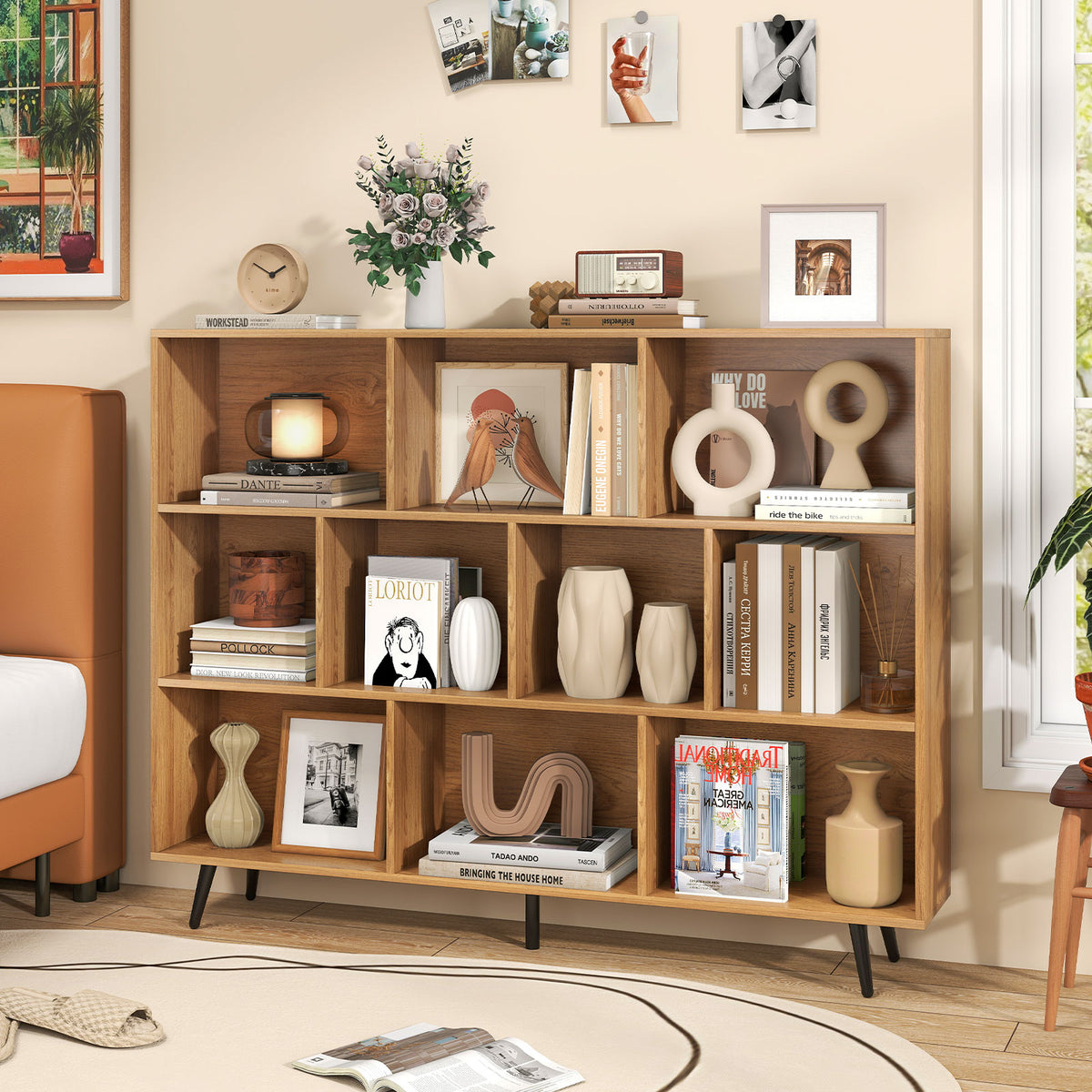 10-Cube Bookcase 140 CM Storage Organizer with 5 Tapered Metal Legs-Natural