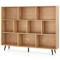 10-Cube Bookcase 140 CM Storage Organizer with 5 Tapered Metal Legs-Natural