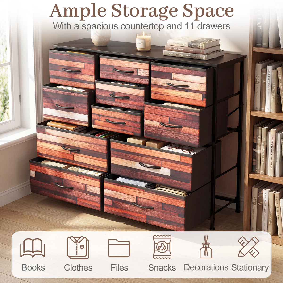 11-Drawer Dresser Tall Storage Chest with Metal Frame-Brown