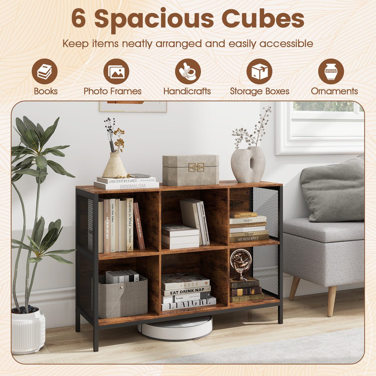 110 CM 6 Cube Bookcase with Heavy-Duty Metal Frame for Home Office-Rustic Brown
