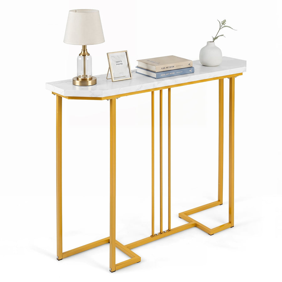 110 CM Narrow Entryway Table with a white faux marble top and gold metal legs