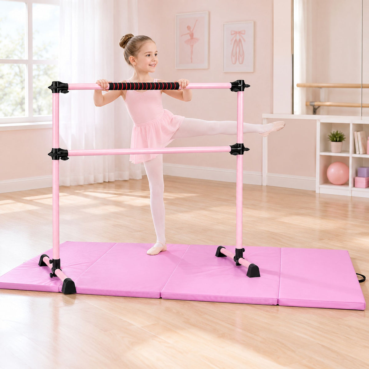 110 KG Max Load Adjustable Ballet Barre and Folding Gymnastics Mat in Pink, image 2