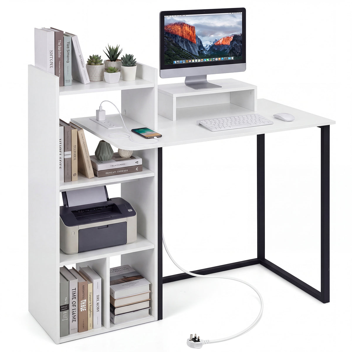 110CM Computer Desk with Charging Station and Ergonomic Monitor Stand-White