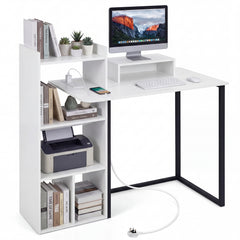 110CM Computer Desk with Charging Station and Ergonomic Monitor Stand-White