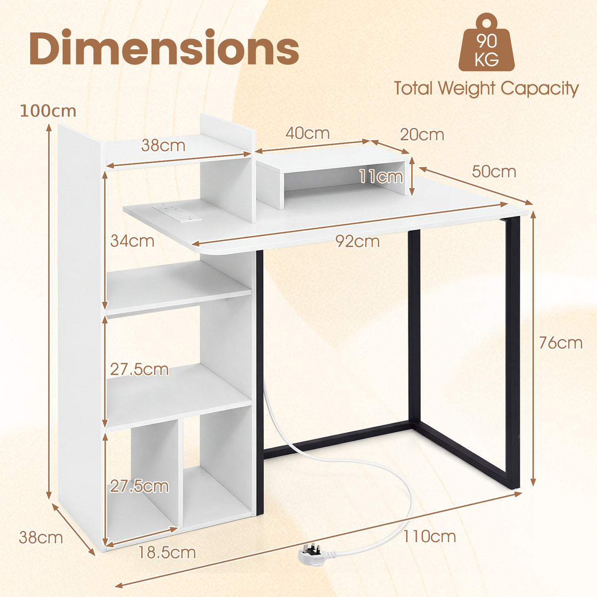 110CM Computer Desk with Charging Station and Ergonomic Monitor Stand-White