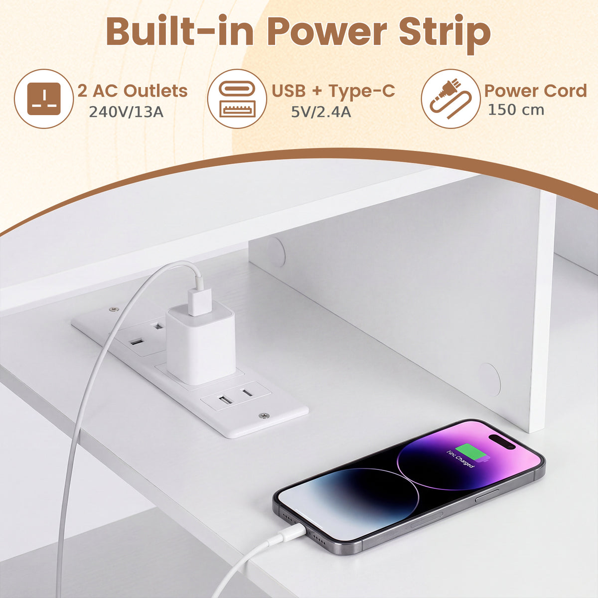 110CM Computer Desk with Charging Station and Ergonomic Monitor Stand-White