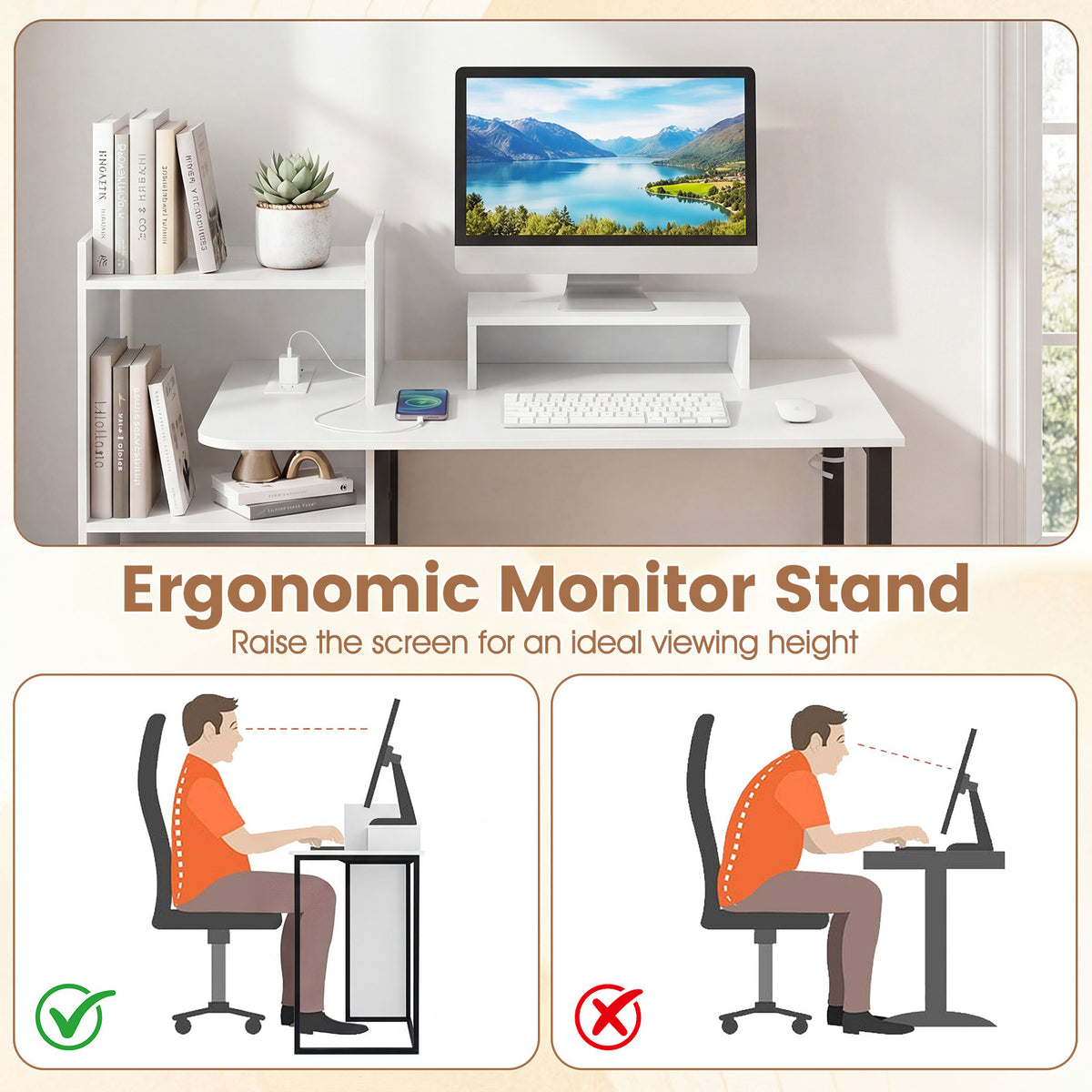 110CM Computer Desk with Charging Station and Ergonomic Monitor Stand-White