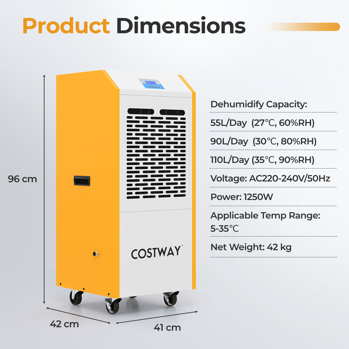 110L/Day Portable Commercial Dehumidifier with Pump Drain Hose-Yellow