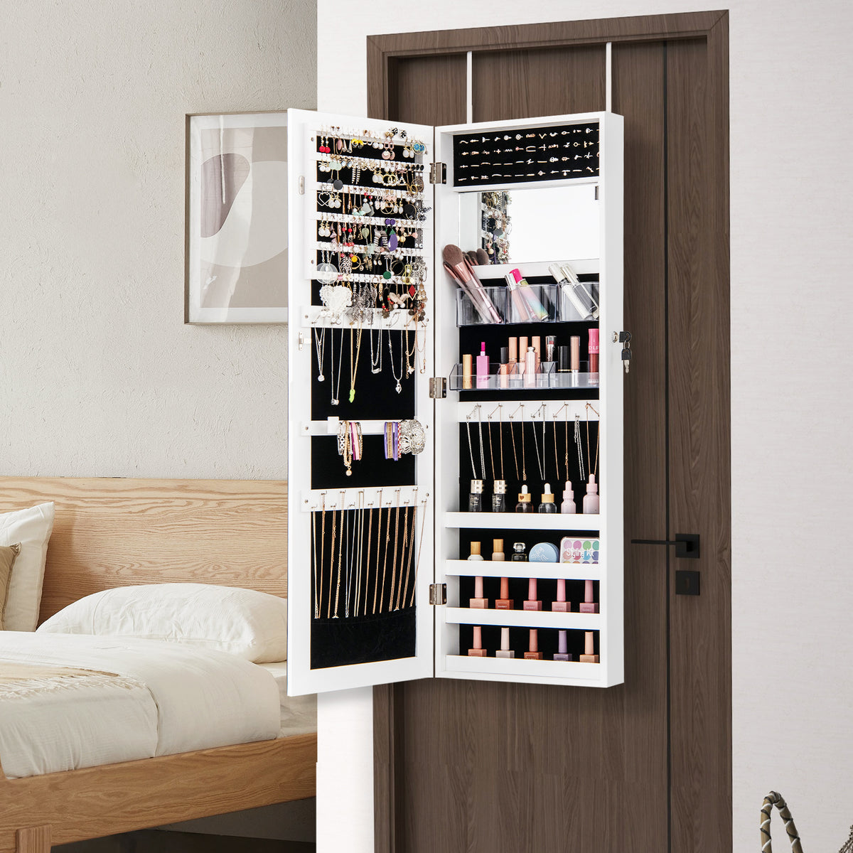110 cm Jewelry Mirror Cabinet with Full-length Mirror and Interior Makeup Mirror-White
