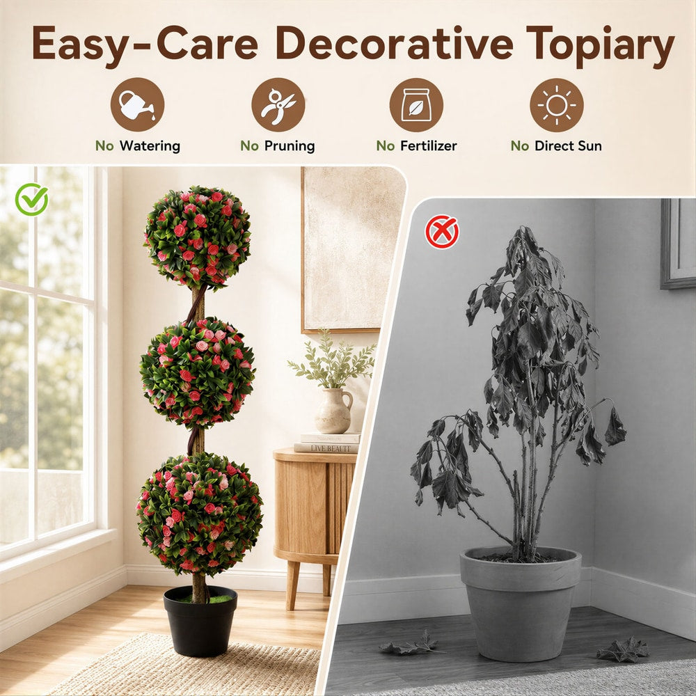 Comparison of the easy-care artificial rose topiary tree and a real dead plant