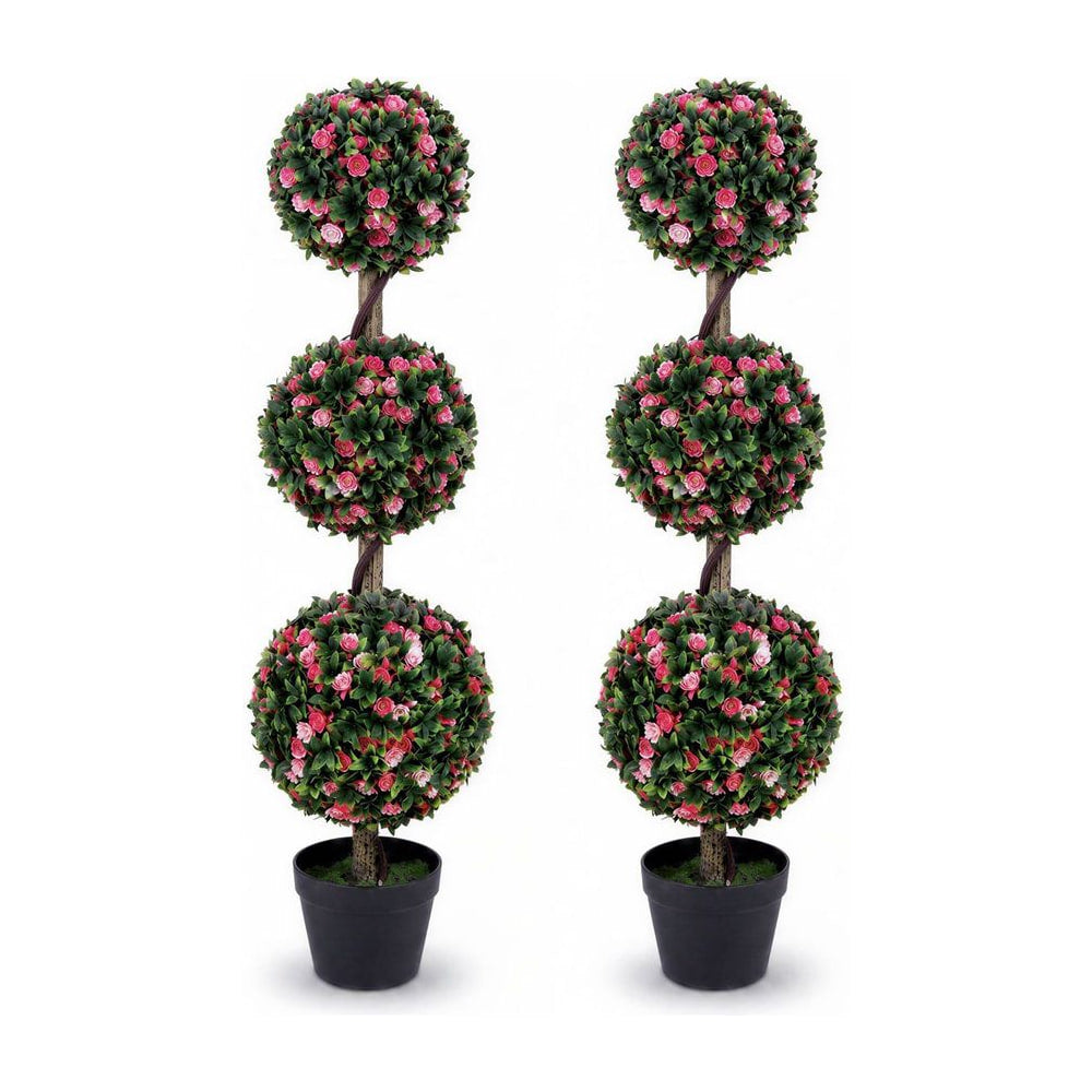 110cm Artificial Triple Ball Rose Topiary Tree with Lifelike Blooms and Green Leaves