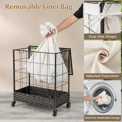 110L Large Capacity Handwoven Rattan Laundry Basket with Lid and Lockable Wheels-Black