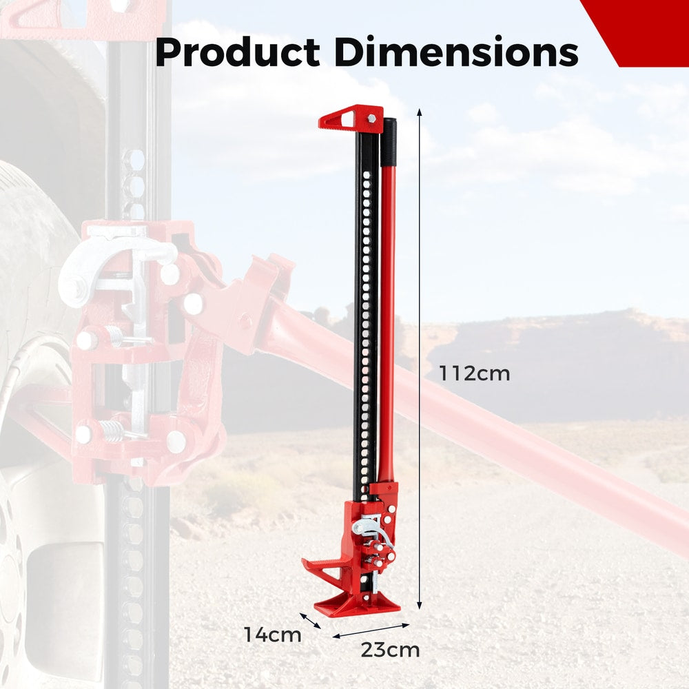Red farm jack with dimensions labelled in centimetres