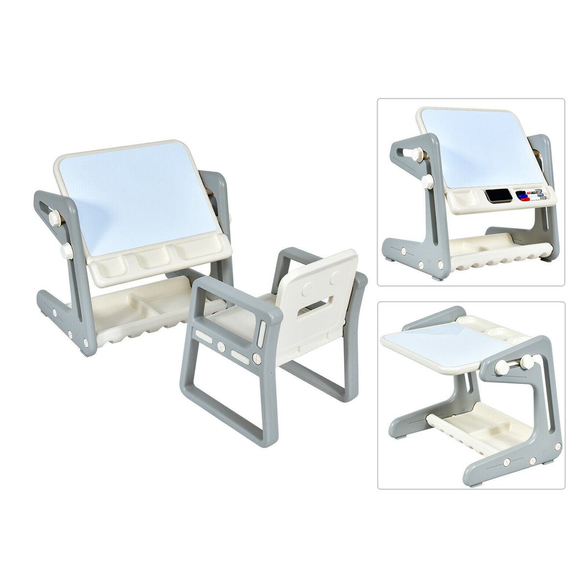 Children's Art Easel / Table and Chair Set with Ample Storage Space-Grey