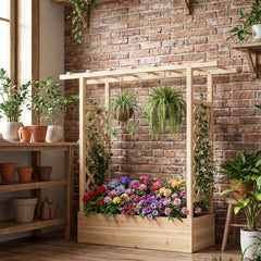 114cm Tall Wooden Raised Garden Bed with Side Trellis and Hanging Roof-Natural