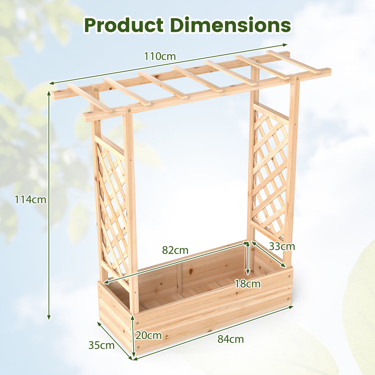114cm Tall Wooden Raised Garden Bed with Side Trellis and Hanging Roof-Natural