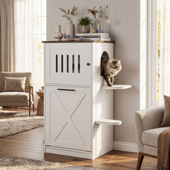 115 cm Modern Hidden Cat House Cabinet with 2 Scratching Pads and Flip-Down Storage Cabinet-White
